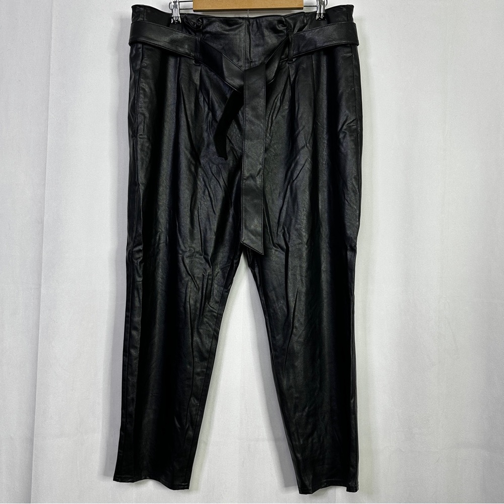 White House Black Market Faux Leather Paperbag Straight Leg Pants Black 16R